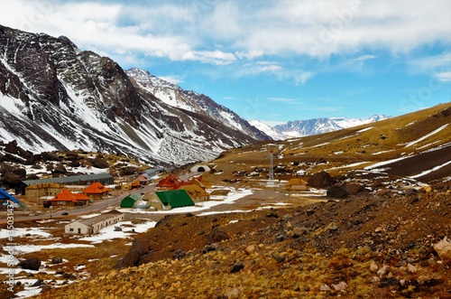 Long shot of the village las Cuevas close to Mendoza on the border to Chile in Argentina, South America