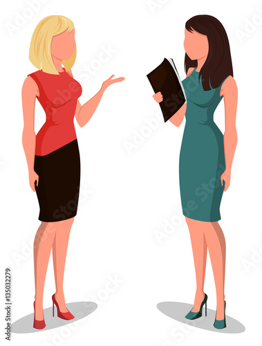 Two young cartoon businesswomen in office clothes. Beautiful girls preparing for meeting. Isometric business women with 3D effect for infographic, design element. Faceless. Vector