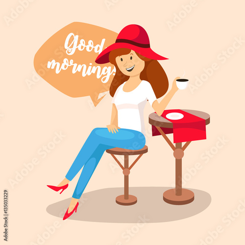 woman drinking coffee in a cafe, good morning, vector