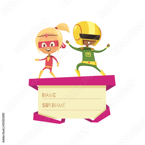 Kids Dressed As Superheroes Dancing On Lid Of Gift Box
