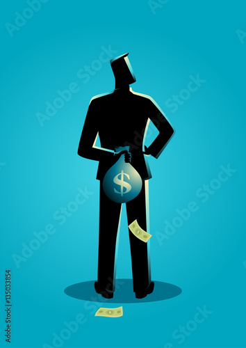Man hiding a money bag behind his back
