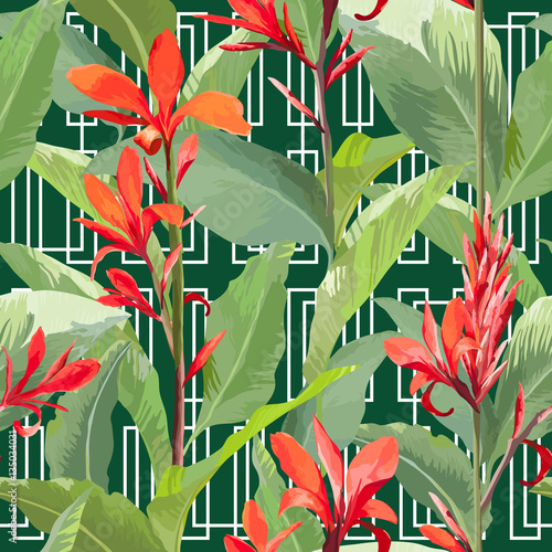 Fototapeta Naklejka Na Ścianę i Meble -  Tropical Leaves and Flowers Background. Seamless Pattern in Vector