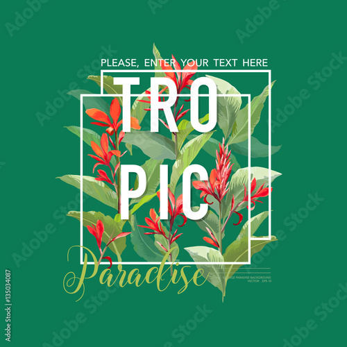 Fototapeta Naklejka Na Ścianę i Meble -  Vintage Tropical Leaves and Flowers Graphic Design for T shirt, Print