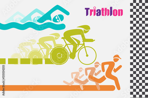 Triathlon graphic symbol. Triathletes are swimming running and cycling icon in colorful racing to the finish line.