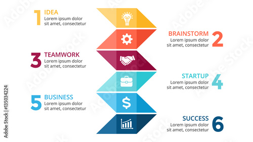 Vector arrows infographic, diagram chart, timeline graph presentation. Business concept with 6 options, parts, steps, processes. 16x9 slide template.