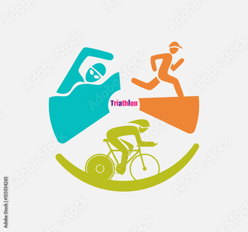 Triathlon graphic symbol. Triathletes are swimming running and cycling icon in colorful circular graphic.