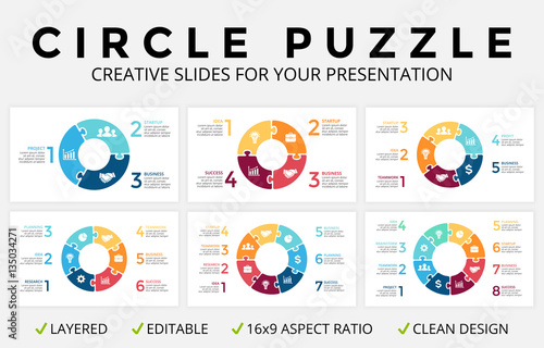 Vector circle arrows infographic, cycle diagram, puzzle jigsaw graph, 16x9 slide presentation pie chart. Business concept template with 3, 4, 5, 6, 7, 8 options, parts, step, process. Clean and simple