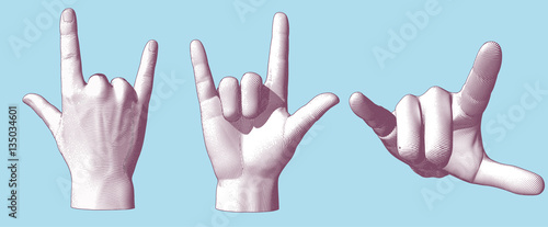 Engraving hand gesture I love you illustration