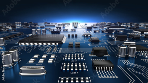 High tech electronic PCB (Printed circuit board) with processor and microchips. 3d illustration