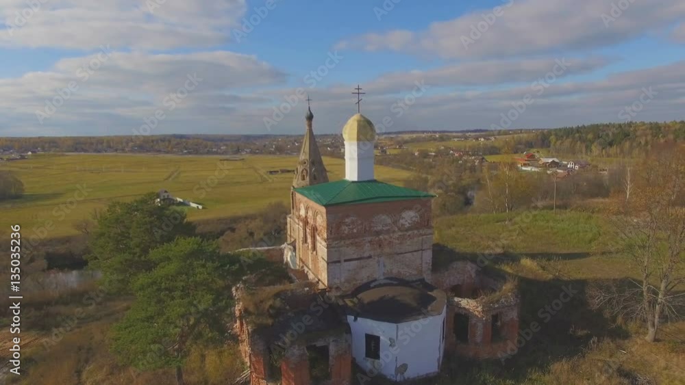 Flying aerial shot near church Flying aerial shot near church