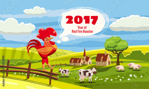 2017 Chinese New Year of the Rooster, background nice rural landscape, Farm, cows, cartoon style, vector illustration