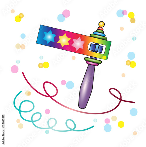 Purim toy noisemaker pattern, also called "gragger" or "grogger", for Purim isolated on white background with stars of David and colorful confetti. Jewish Holiday Purim festival Vector