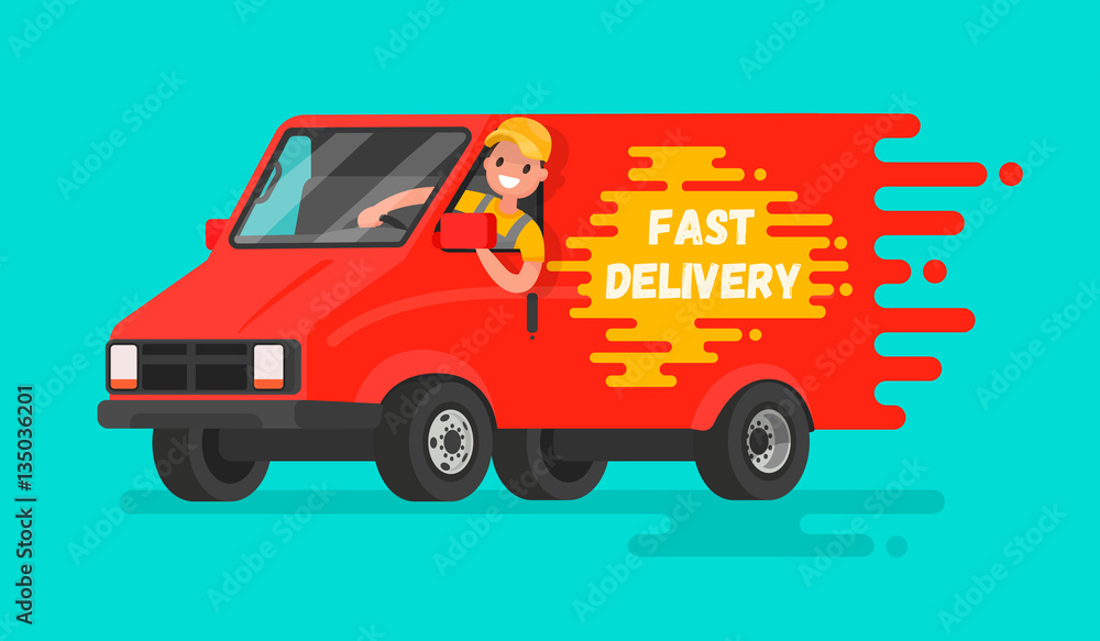 Concept of  fast delivery of goods. The driver of the truck in a