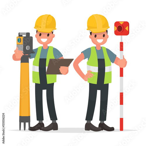 Surveyor and his assistant to work with the equipment
