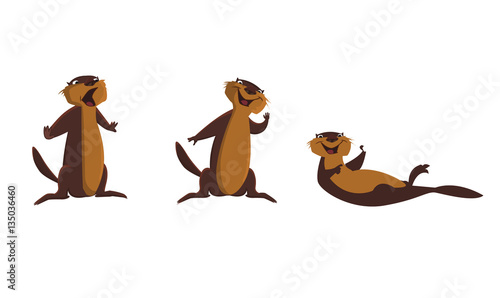 Beaver in different poses isolated on white