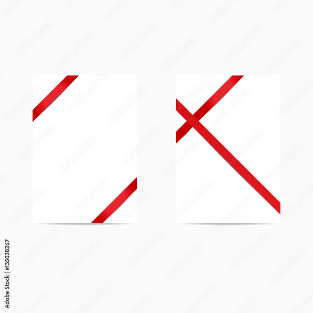 Set of gift cards on white background. Card template with red ribbon and space for text. Vector Set of gift cards on white background. Card template with red ribbon and space for text. Vector