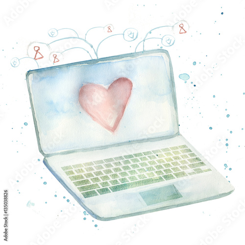 conceptual illustration of laptop with heart on display and connection icons of people