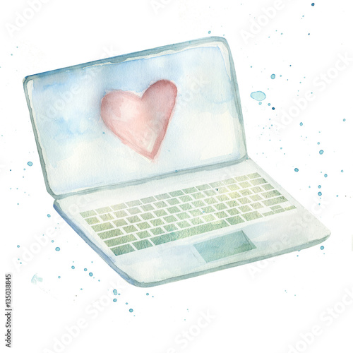 watercolor laptop with cute red heart on it's screen