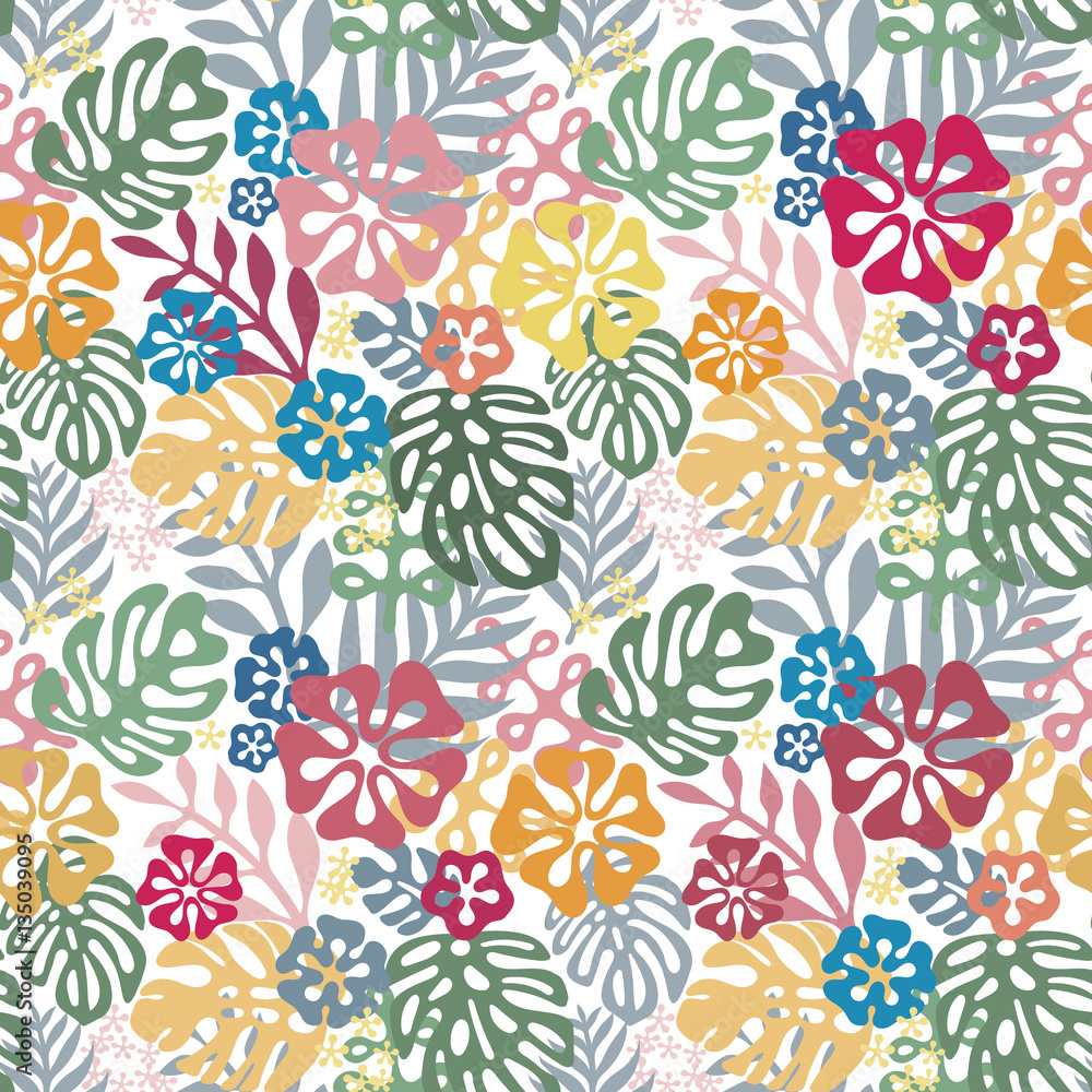 Vector tropical flowers patten. seamless design with gorgeus botanical elements, hibiscus, palm, bird of paradise. Vector editable file Vector tropical flowers patten. seamless design with gorgeus botanical elements, hibiscus, palm, bird of paradise. Vector editable file