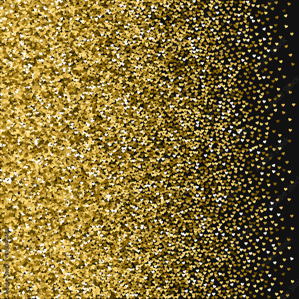 Golden glitter made of hearts. Left gradient on black valentine background. Vector illustration.