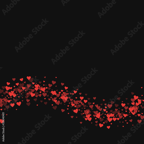 Red hearts confetti. Bottom wave on black valentine background. Vector illustration.