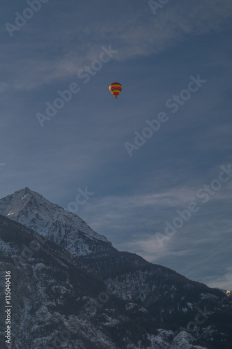 mountain scenery, mountains with hot air balloon flying in the sky