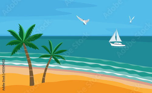 Seascape with beach, palm trees, seagulls and yacht