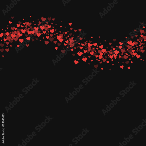 Red hearts confetti. Top wave on black valentine background. Vector illustration.