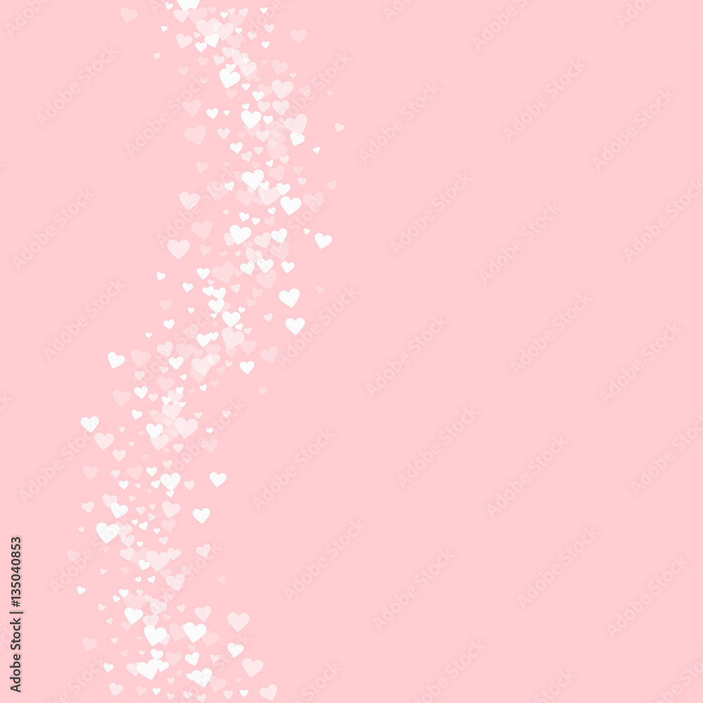 White hearts confetti. Left wave on pale_pink valentine background. Vector illustration.