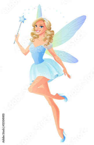 Vector beautiful blue fairy with magic wand and dragonfly wings.
