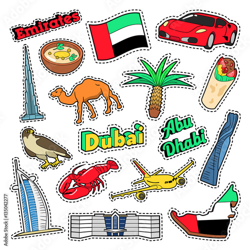 Emirates Travel Elements with Architecture and Palm Tree. Vector Doodle