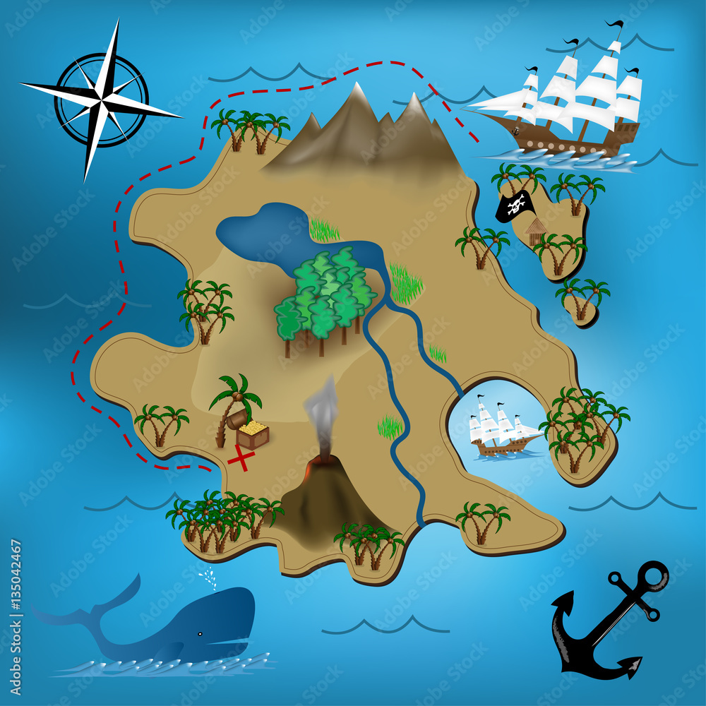 Pirate treasure map and hidden island Stock Vector | Adobe Stock