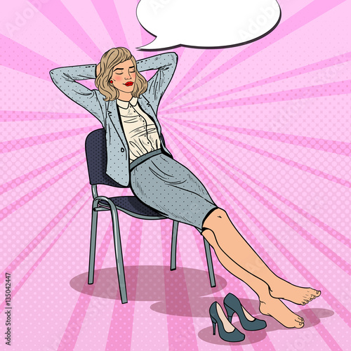Pop Art Tired Business Woman Relaxing on Chair. Vector illustration