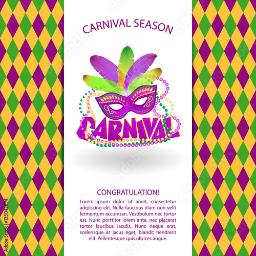 Celebration background with carnival mask, balloons and lettering. Vector illustration photo