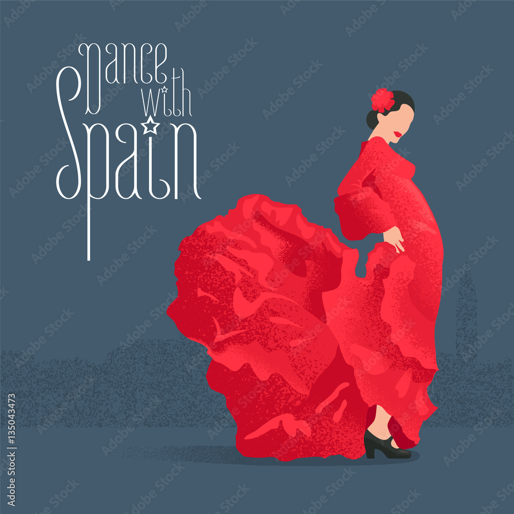 Flamenco dancer in red dress in visit Spain concept vector illustration - obrazy, fototapety, plakaty 