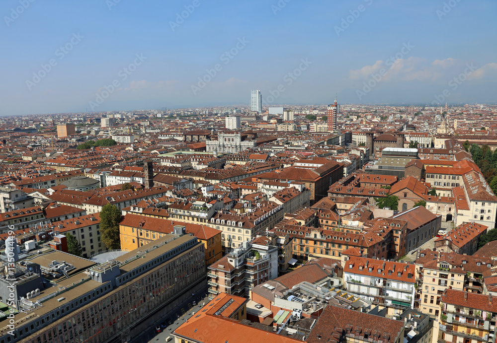 Aerial View of Turin city in Italy and many famous palace