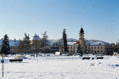 city hall on the background of a winter landscape in Zhovkva,Ukraine