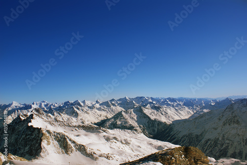Landscape of snow-capped mountain peaks in the Alps