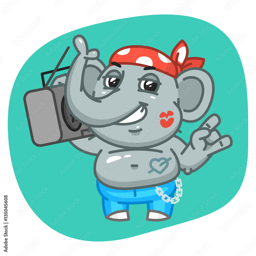 Fototapeta premium Elephant in Jeans Pants Holding Tape Recorder and Smiling