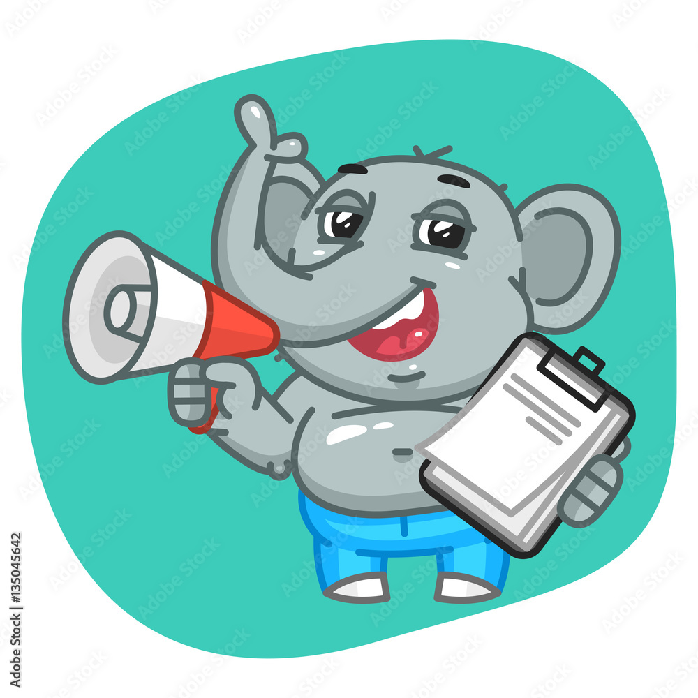 Elephant in Jeans Pants Holding Notepad and Megaphone Elephant in Jeans Pants Holding Notepad and Megaphone