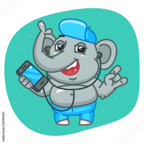 Elephant in Jeans Pants Holding Phone and Listening Music