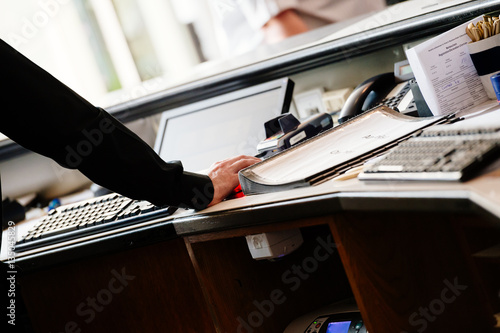 reception desk in hotel lobby