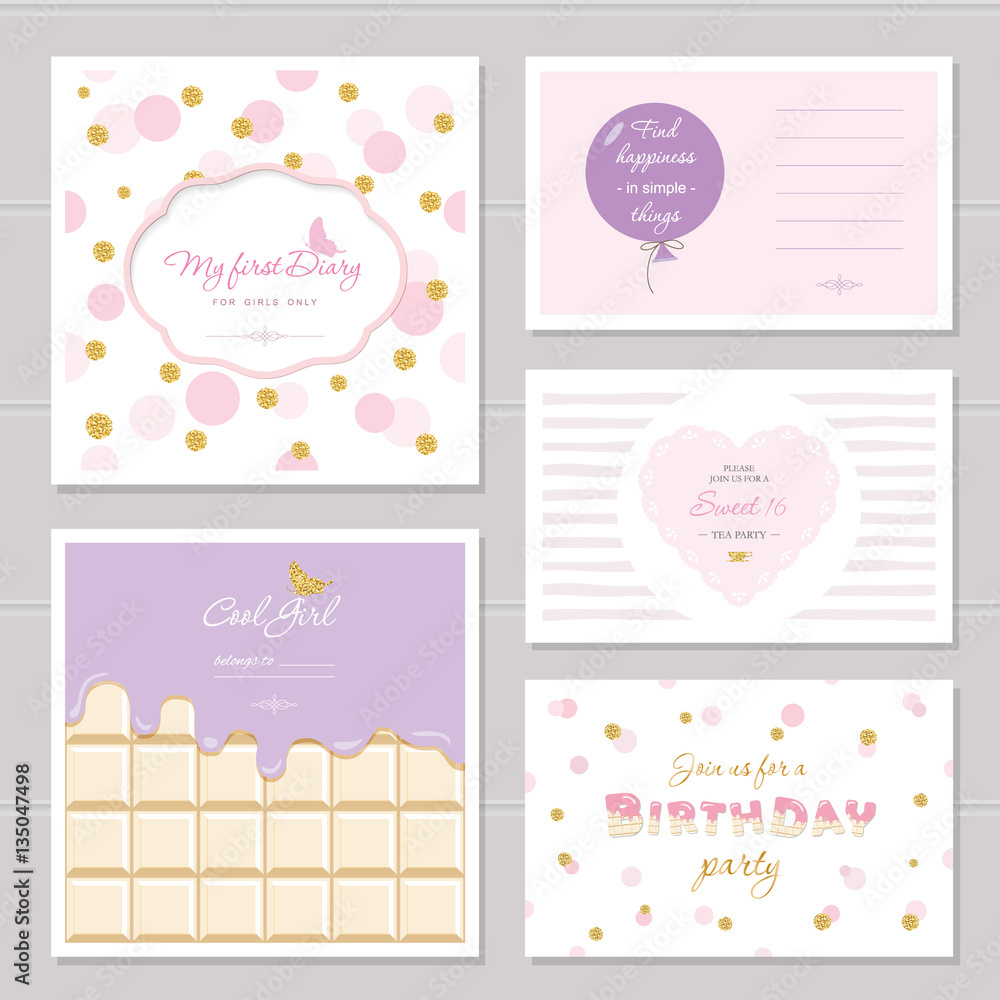 Cute cards design with glitter for teenage girls. Inspirational quotes, birthday, sweet 16 party invitation. Included polka dot, chocolate and striped seamless patterns. Cute cards design with glitter for teenage girls. Inspirational quotes, birthday, sweet 16 party invitation. Included polka dot, chocolate and striped seamless patterns.