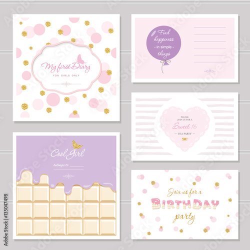 Cute cards design with glitter for teenage girls. Inspirational quotes, birthday, sweet 16 party invitation. Included polka dot, chocolate and striped seamless patterns.