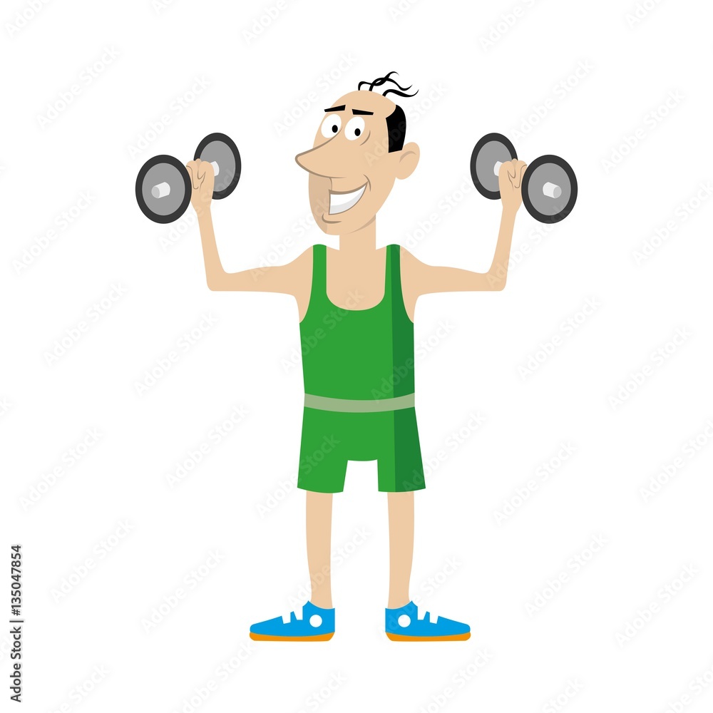 man doing exercises with dumbbells. vector illustration of cartoon man doing exercises with dumbbells. vector illustration of cartoon