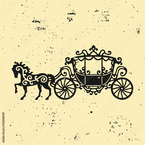 Horse-Carriage silhouette with horse. Vector illustration of brougham in baroque style. Vintage carriage isolated on dark background. Good for design, invitation card, logo or decoration