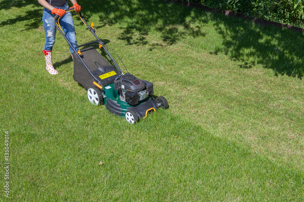 Woman mowing grass with lawn mower in the garden, gardening concept Woman mowing grass with lawn mower in the garden, gardening concept