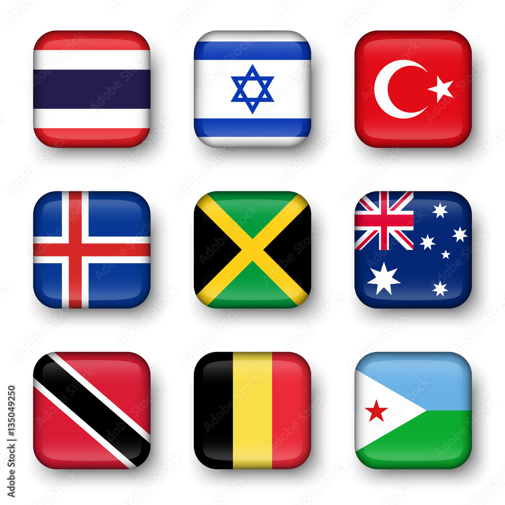 Set of world flags quadrangular badges ( Thailand . Israel . Turkey . Iceland . Jamaica . Australia . Trinidad and tobago . Belgium . Djibouti ) Set of world flags quadrangular badges ( Thailand . Israel . Turkey . Iceland . Jamaica . Australia . Trinidad and tobago . Belgium . Djibouti )