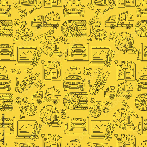 Seamless vector pattern with car service thin line symbols.