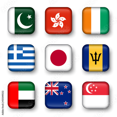 Set of world flags quadrangular badges ( Pakistan . Hong kong . Ivory Coast . Greece . Japan . Barbados . UAE . New zealand . Singapore )